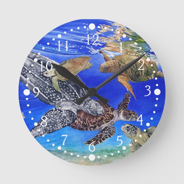 Underwater Sea Turtles Art Endangered Species Round Clock (Front)