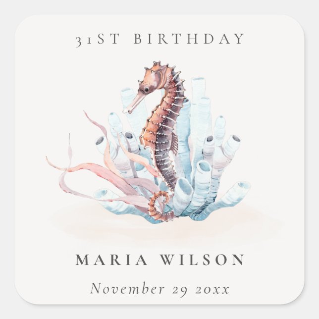 Underwater Seahorse Seaweed Coral Any Age Birthday Square Sticker (Front)