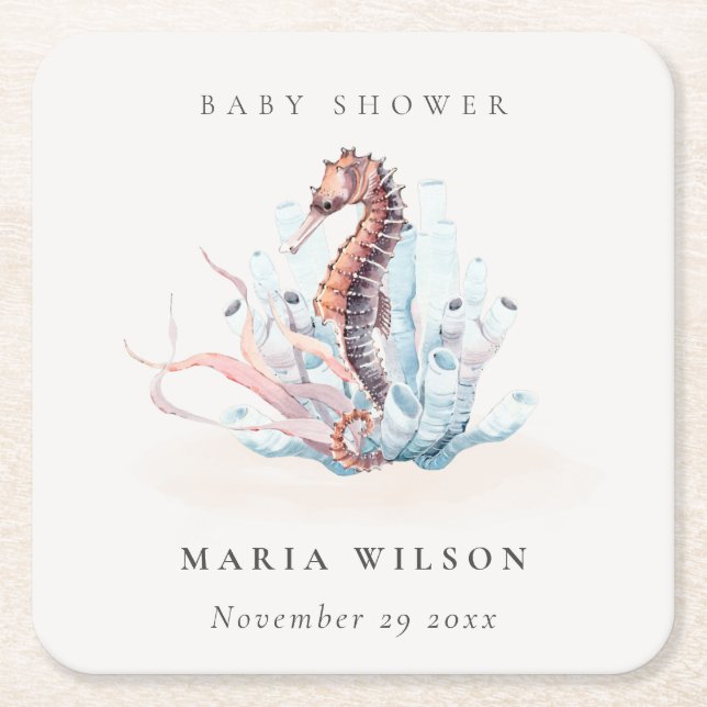 Underwater Seahorse Seaweed Coral Baby Shower Square Paper Coaster (Front)