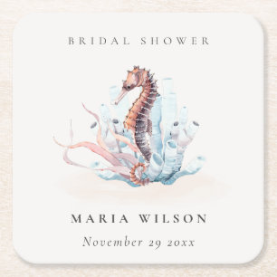 Underwater Seahorse Seaweed Coral Bridal Shower Square Paper Coaster