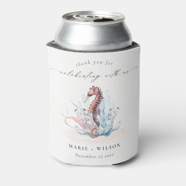 Underwater Seahorse Seaweed Coral Wedding Can Cooler (Can Back)