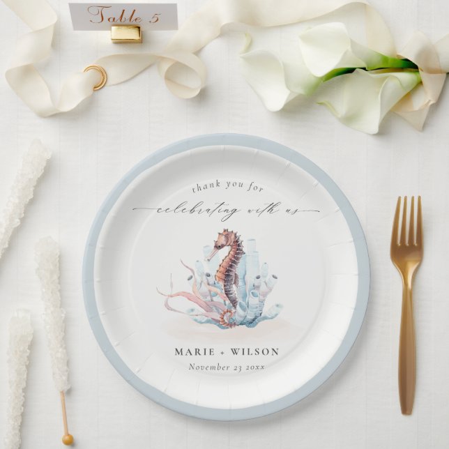 Underwater Seahorse Seaweed Coral Wedding Paper Plate (Wedding)