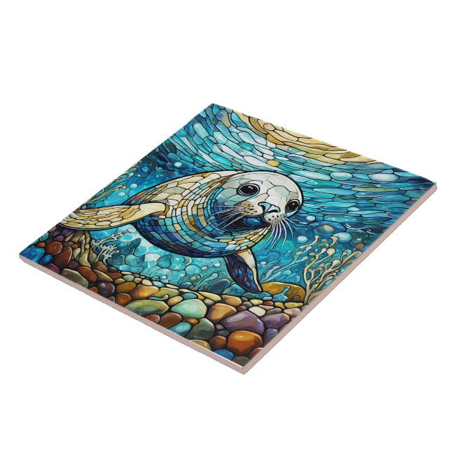 Underwater Seal Stained glass art Tile (Side)