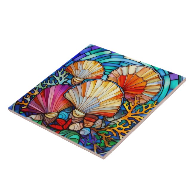 Underwater seashells and corals stained glass art tile (Side)