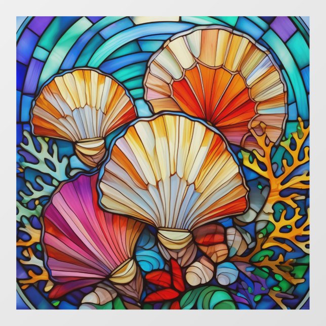 Underwater seashells and corals stained glass art window cling (Sheet)