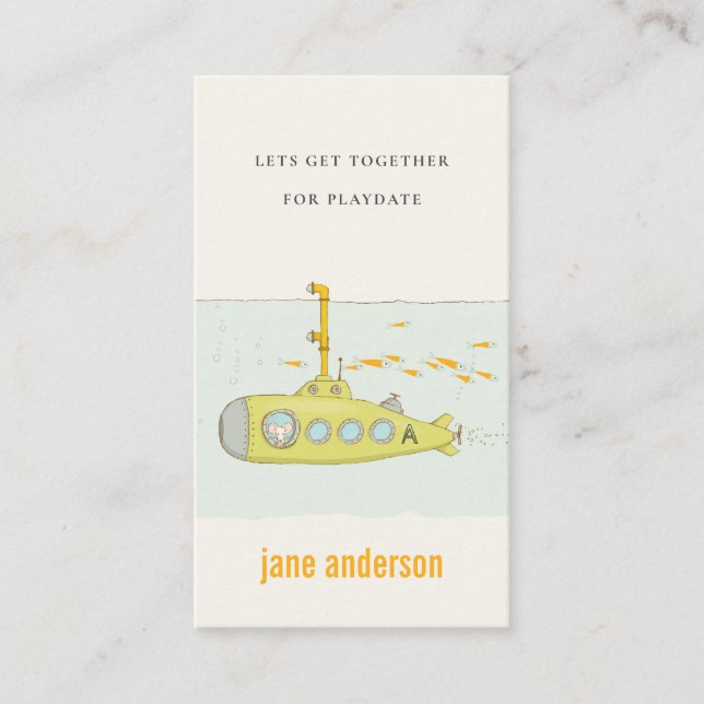 Underwater Submarine Monogram Kid Playdate Calling Business Card (Front)