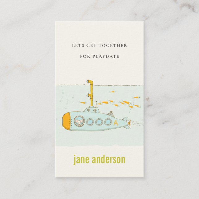 Underwater Submarine Monogram Kid Playdate Calling Business Card (Front)
