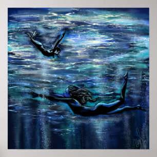 Underwater Swimming Women Poster Print Painting