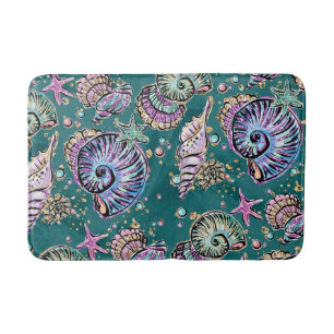 Underwater Teal Luxe   Green Pastel Gold Seashells Bath Mat