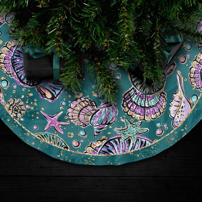 Underwater Teal Luxe | Green Pastel Gold Seashells Brushed Polyester Tree Skirt (Creator Uploaded)