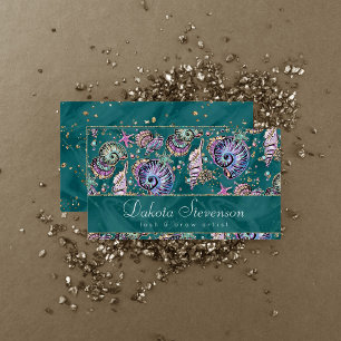 Underwater Teal Luxe   Green Pastel Gold Seashells Business Card