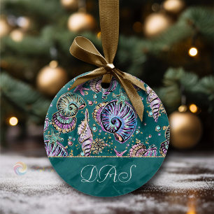 Underwater Teal Luxe   Green Pastel Gold Seashells Ceramic Ornament