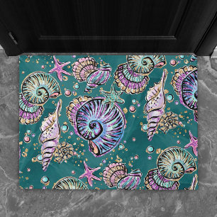 Underwater Teal Luxe Green Pastel Gold Seashells Doormat
