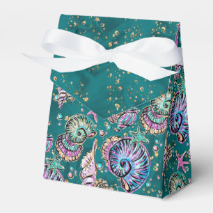 Underwater Teal Luxe   Green Pastel Gold Seashells Favor Box