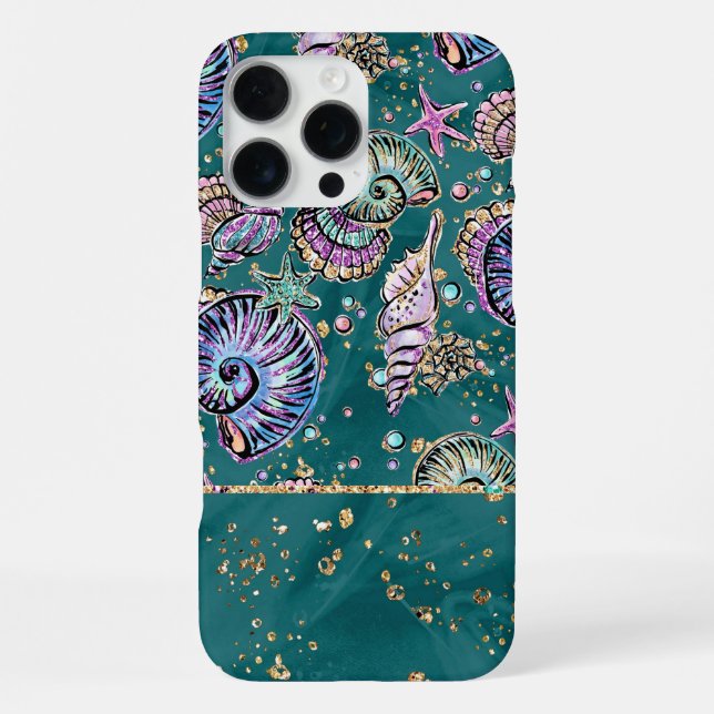 Underwater Teal Luxe | Green Pastel Gold Seashells iPhone Case (Back)
