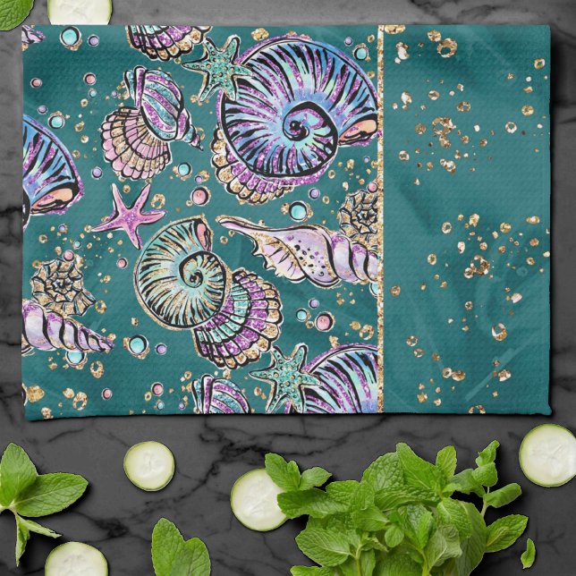 Underwater Teal Luxe | Green Pastel Gold Seashells Kitchen Towel (Creator Uploaded)