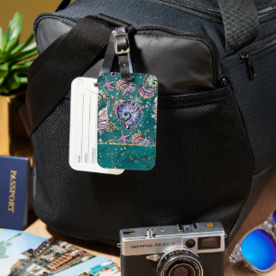 Underwater Teal Luxe Green Pastel Gold Seashells Luggage Tag