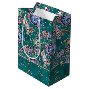 Underwater Teal Luxe   Green Pastel Gold Seashells Medium Gift Bag