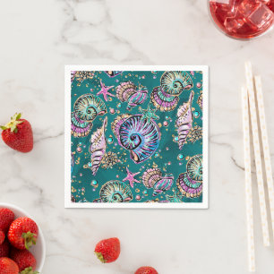 Underwater Teal Luxe   Green Pastel Gold Seashells Napkin