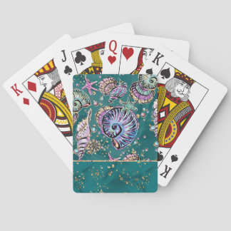 Underwater Teal Luxe | Green Pastel Gold Seashells Playing Cards