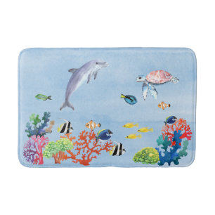 Underwater Tropical Fish Watercolor Dolphin Turtle Bath Mat