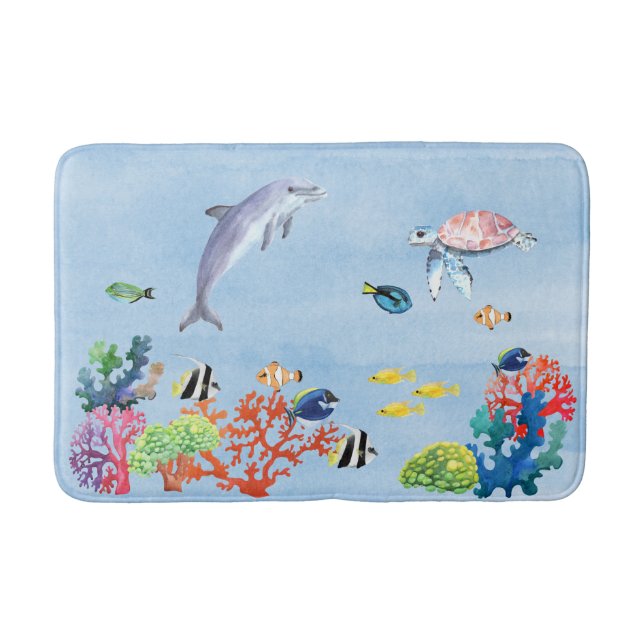 Underwater Tropical Fish Watercolor Dolphin Turtle Bath Mat (Front)
