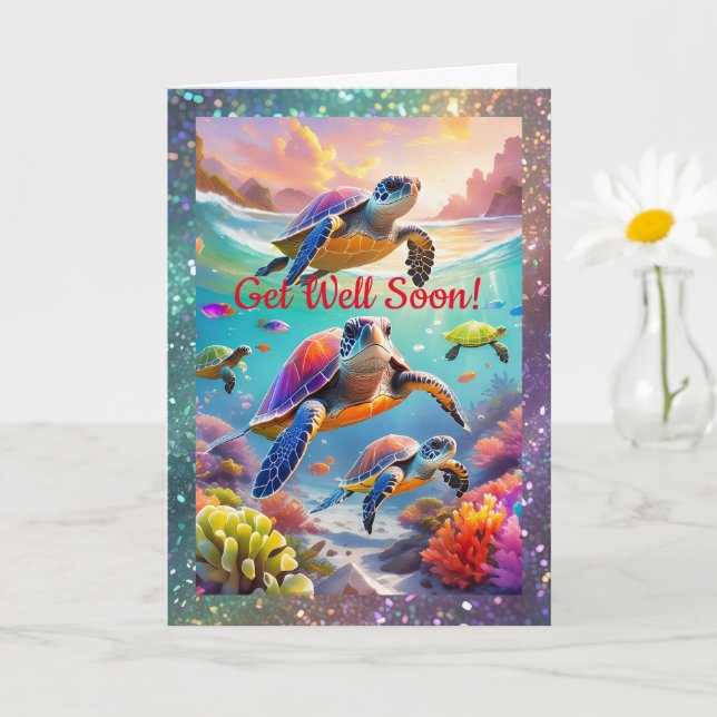 Underwater Turtles, 5" x 7" Folded Get Well Card (Small Plant)