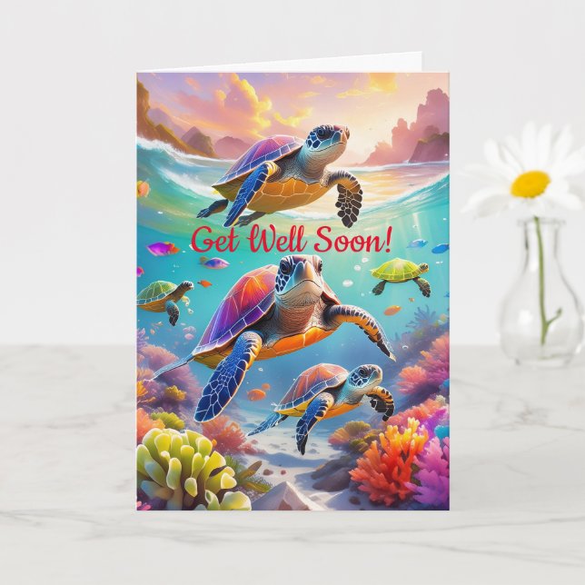 Underwater Turtles, 5" x 7" Folded Get Well Card (Small Plant)