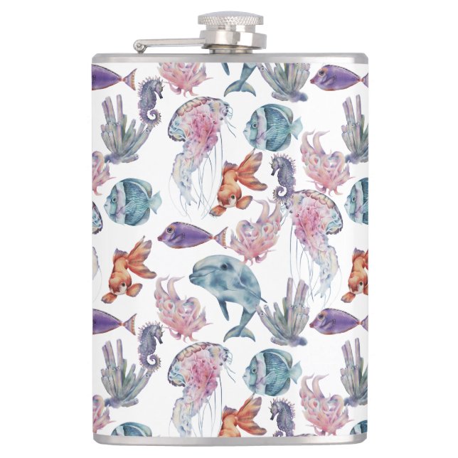 Underwater Watercolor Composition Series Design 2  Hip Flask (Front)