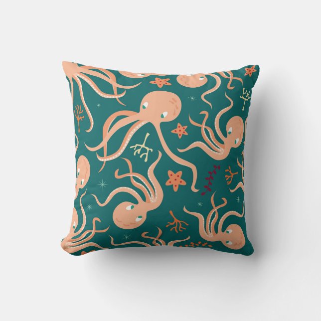 Underwater Wonders: Octopus Starfish Dance Throw Pillow (Front)