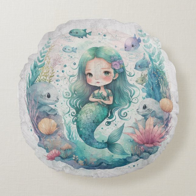  underwater world Mermaid in seaweed Round Pillow (Front)
