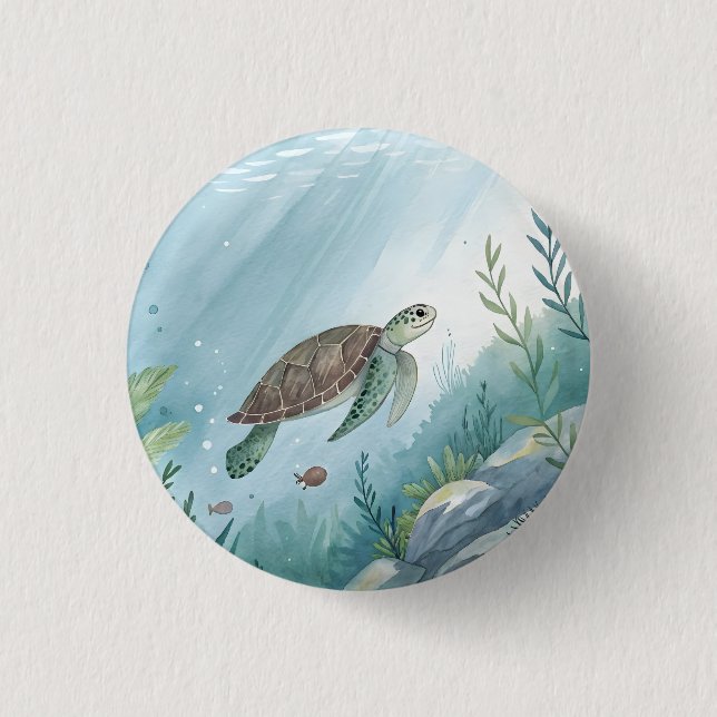 Underwater world with turtle 1 inch round button (Front)