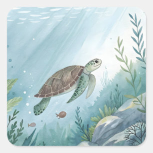 Underwater world with turtle square sticker
