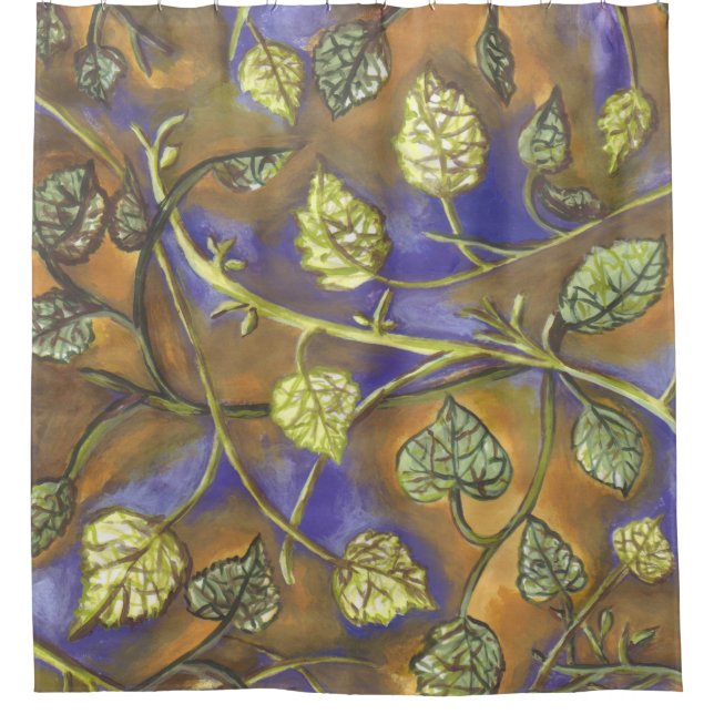 undulating leaves green navy gold shower curtain (Front)