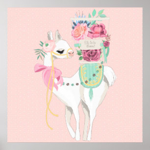 Une affiche avec de belles fleurs et du lama