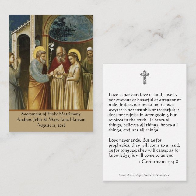 Une carte sainte de mariage de faveur catholique (Devant / Derrière)