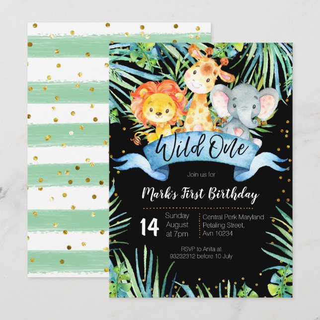 UNE carte SAUVAGE d'invitation d'anniversaire de (Devant / Derrière)