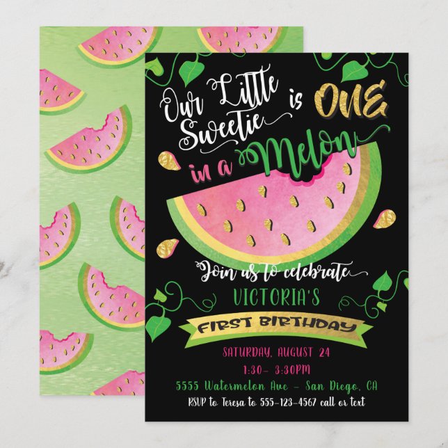 Une dans Melon première invitation de fête d'anniv (Devant / Derrière)