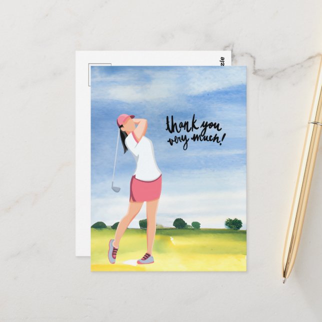 Une femme golfeuse est carte de remerciements golf (Devant/Arrière en situation)