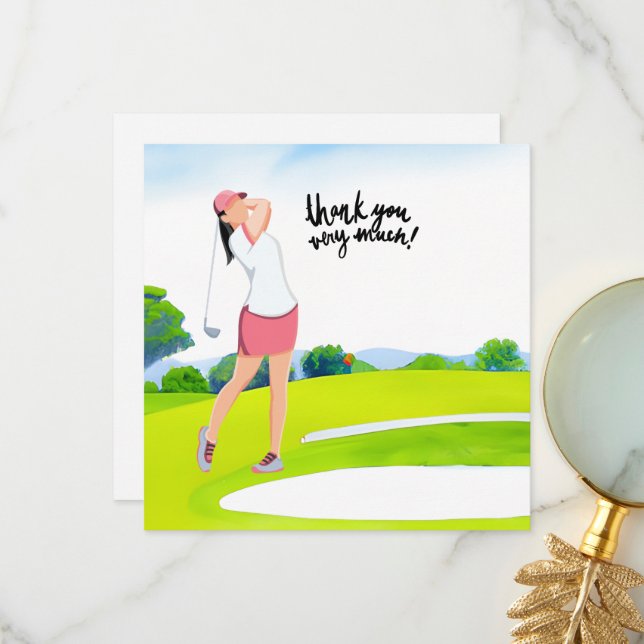 Une femme golfeuse est carte de remerciements golf (Devant/Arrière en situation)