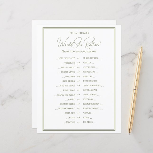 Une feuille de papier GAME pour une douche nuptial (Devant/Arrière en situation)