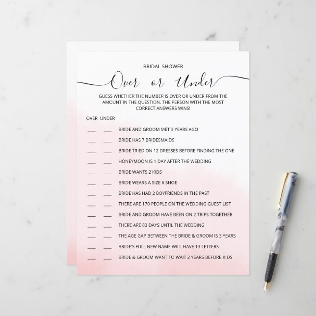 Une feuille de papier GAME pour une douche nuptial (Devant/Arrière en situation)