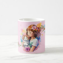 Une fille avec sa tasse de chat