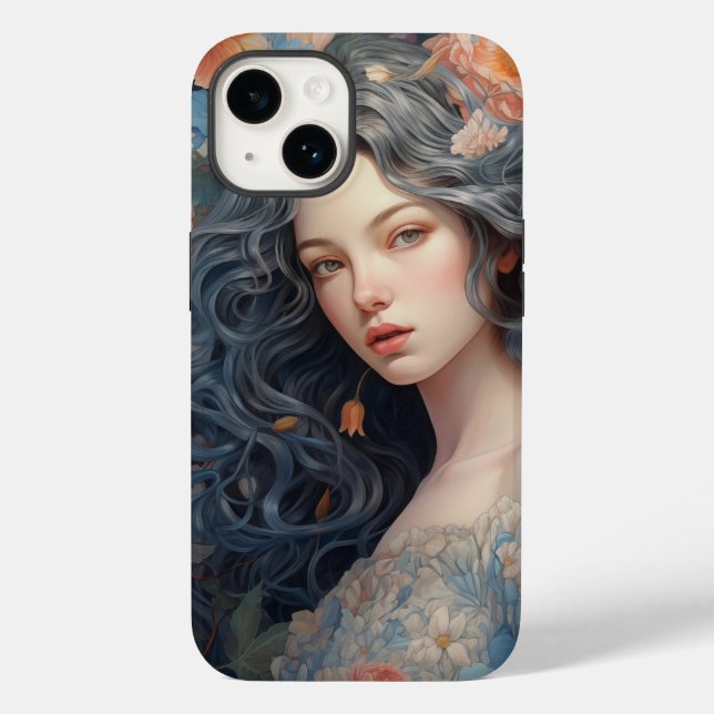 Une fille et plein de fleurs iPhone 14 Coque (Verso)
