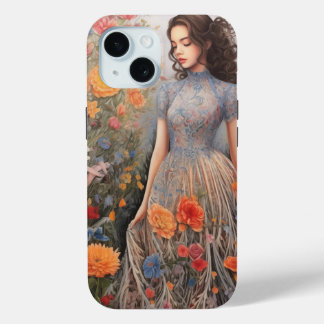 Une fille et plein de fleurs iPhone 15 Coque