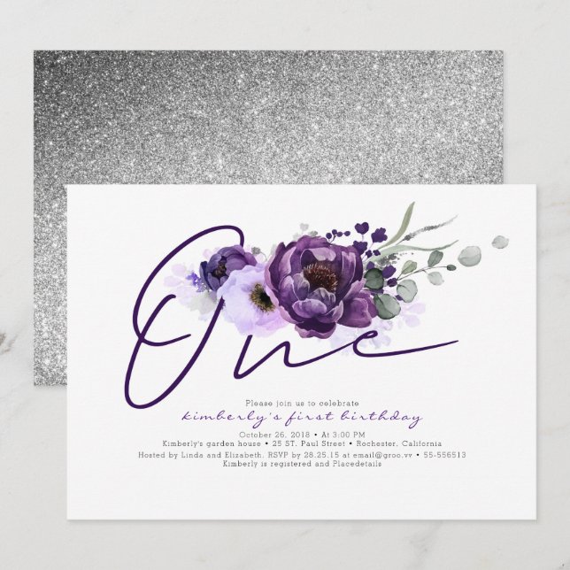 Une Fleurs violettes 1er Invitation de fête d'anni (Devant / Derrière)