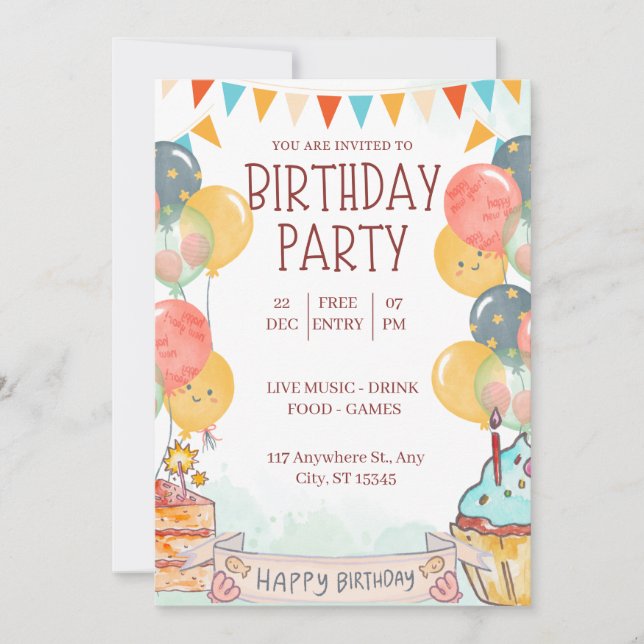 Une invitation à la fête d'anniversaire de couleur (Devant)