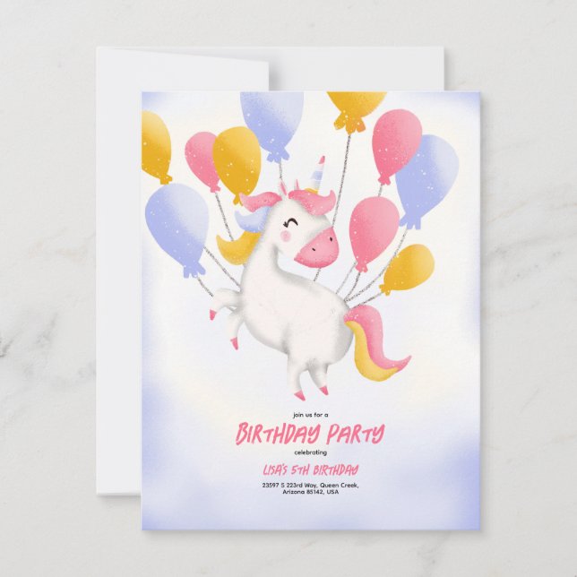 Une invitation d'anniversaire avec une licorne. (Devant)