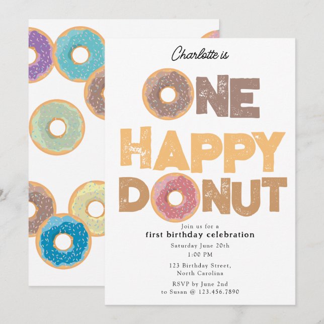 Une invitation de donut heureux pour le 1er annive (Devant / Derrière)