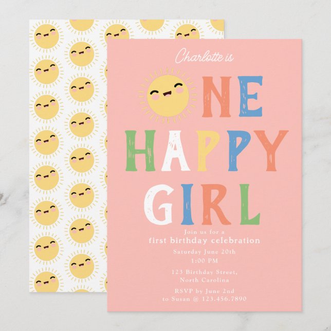 Une joyeuse fille Invitation d'anniversaire 1er An (Devant / Derrière)